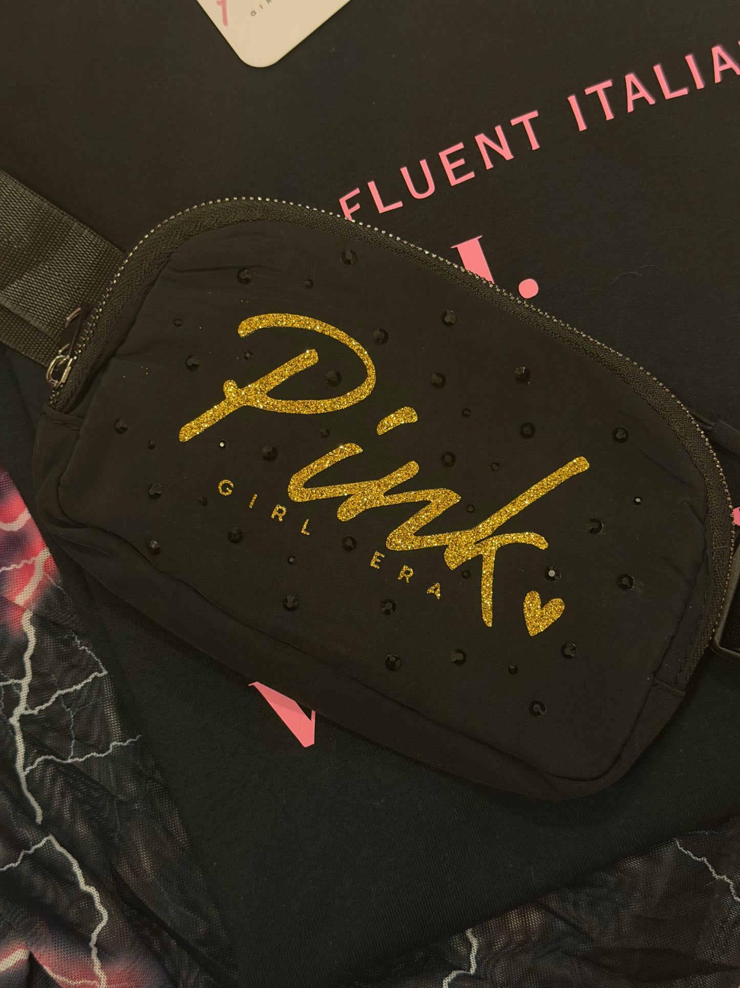 Pink Girl Era Rhinestone Fanny Bag - Black